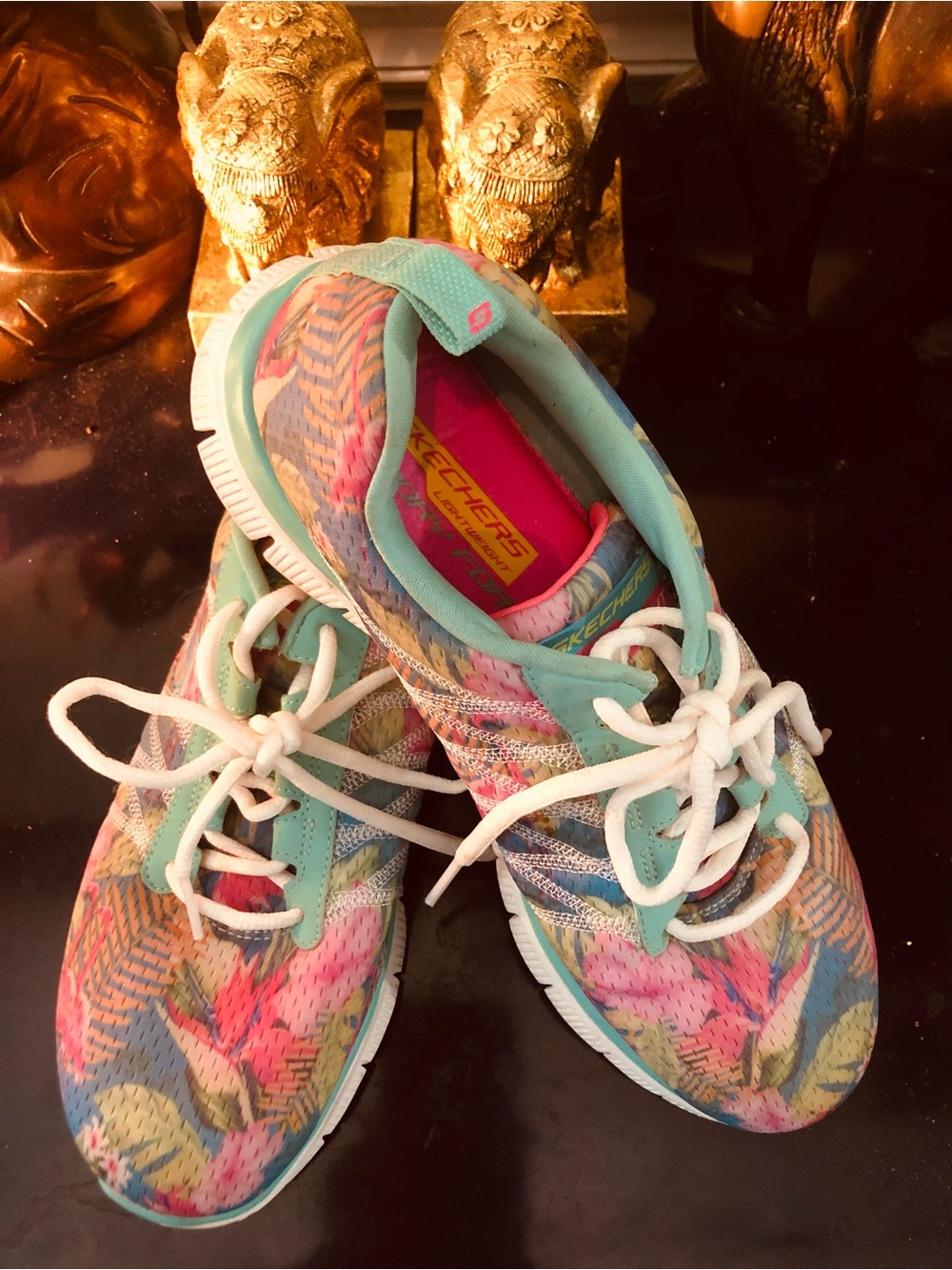 Skechers Women's Floral Pattern Athletic Sneakers in Mint and Pink